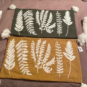 2 pillow cases with leaves - gold and forest green with pompoms 24 x 14 NWT